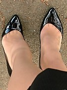 Gorgeous MILF loves being seen outdoors in her sexy high heels and skintone nylons