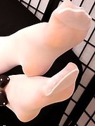 Mature is wearing sheer white pantyhose and high heels